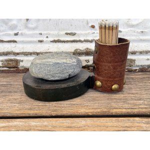 Vintage Alaska Art Match Safe Flint Rock Leather Artist Signed